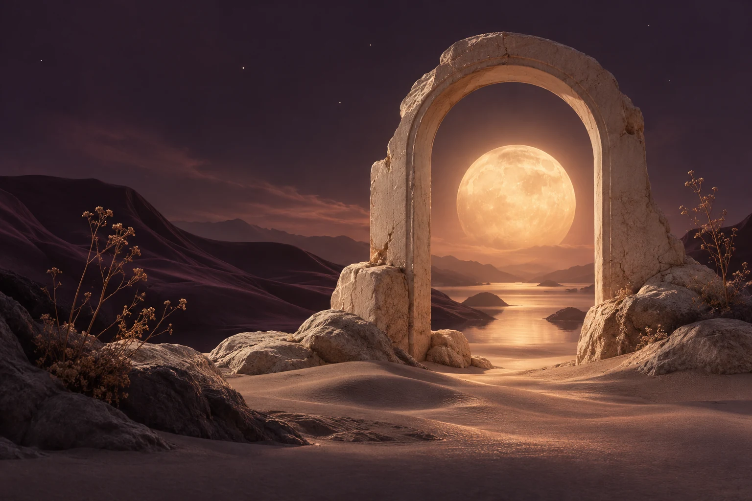 A golden moon framed through a stone arch above tranquil water