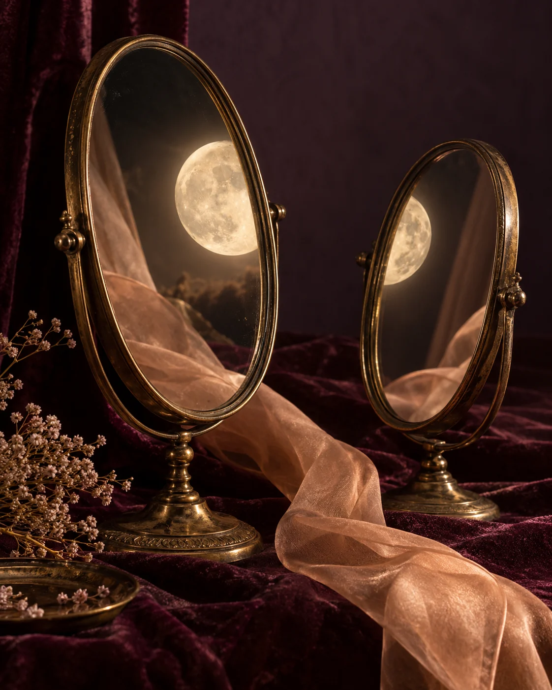 Two brass mirrors sharing a warm lunar reflection