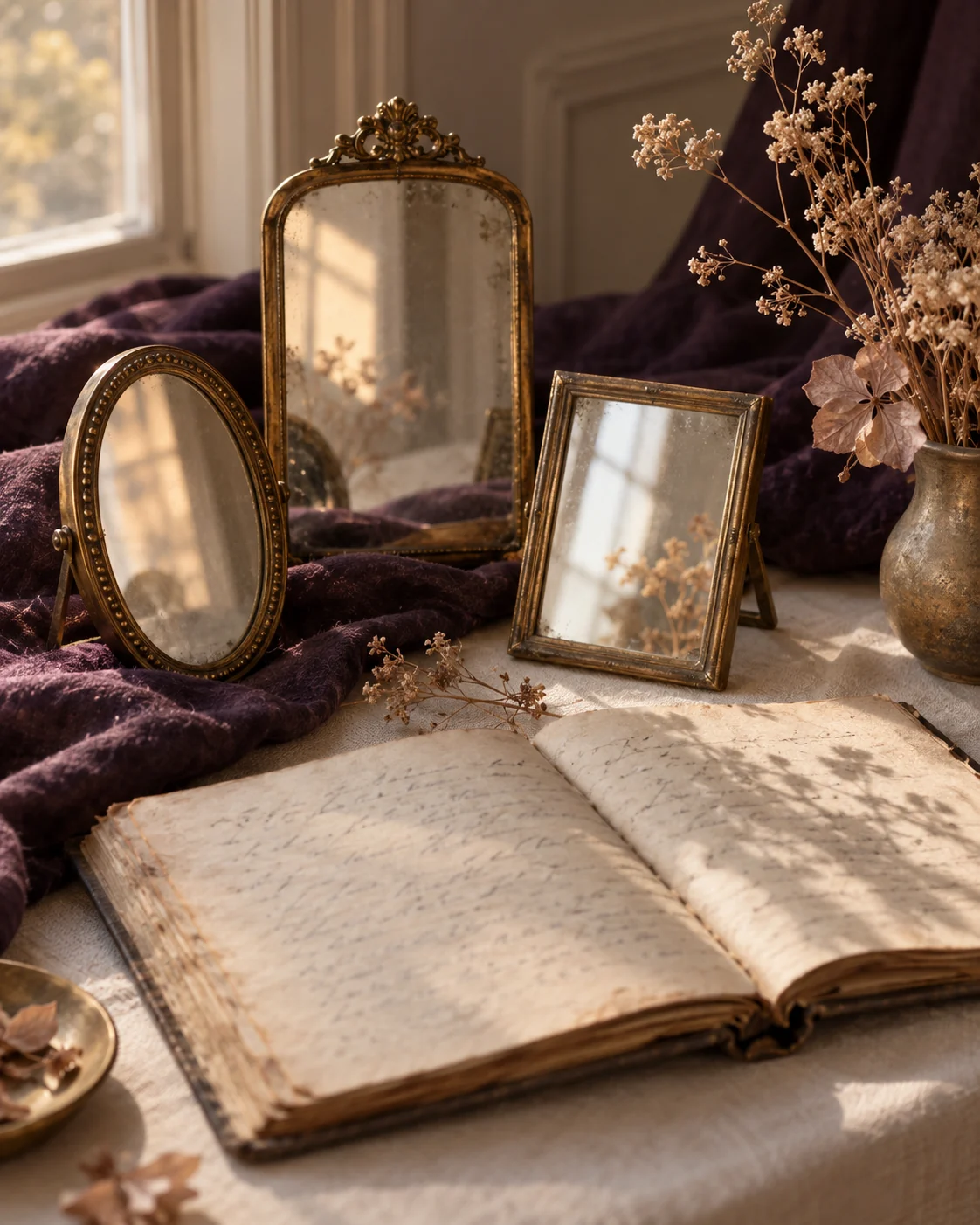 A photographic still life of vintage brass frames, an unmarked journal, and botanical stems